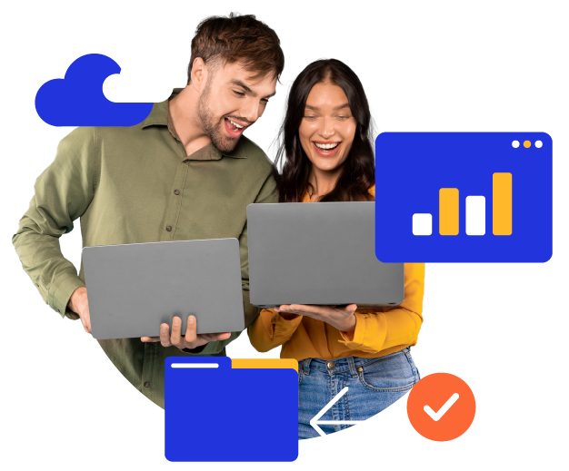 Man and woman next to each other holding their own laptops and smiling.