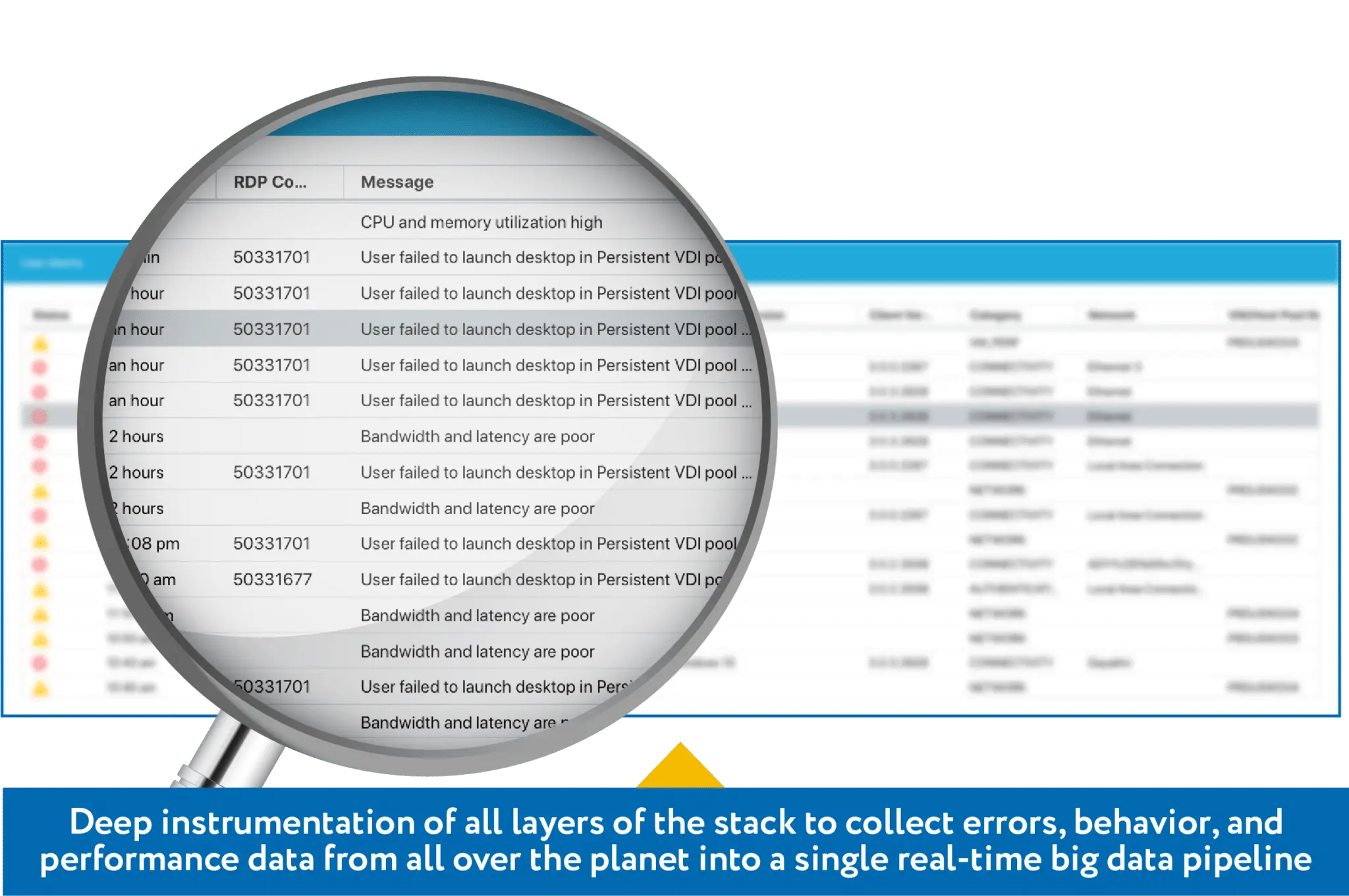 Illustration of data and a magnifying glass honing in on a specific piece. Illustrative only. 