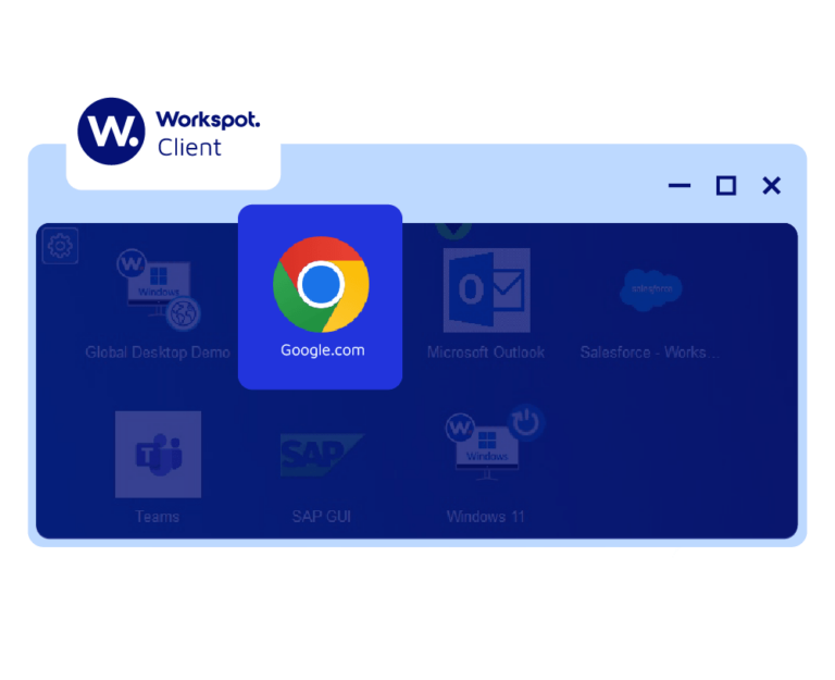 Workspot Client screenshot showing a desktop with the Google Chrome icon enlarged. 