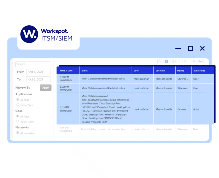 Screenshot of Workspot ITSM/SIEM data table.